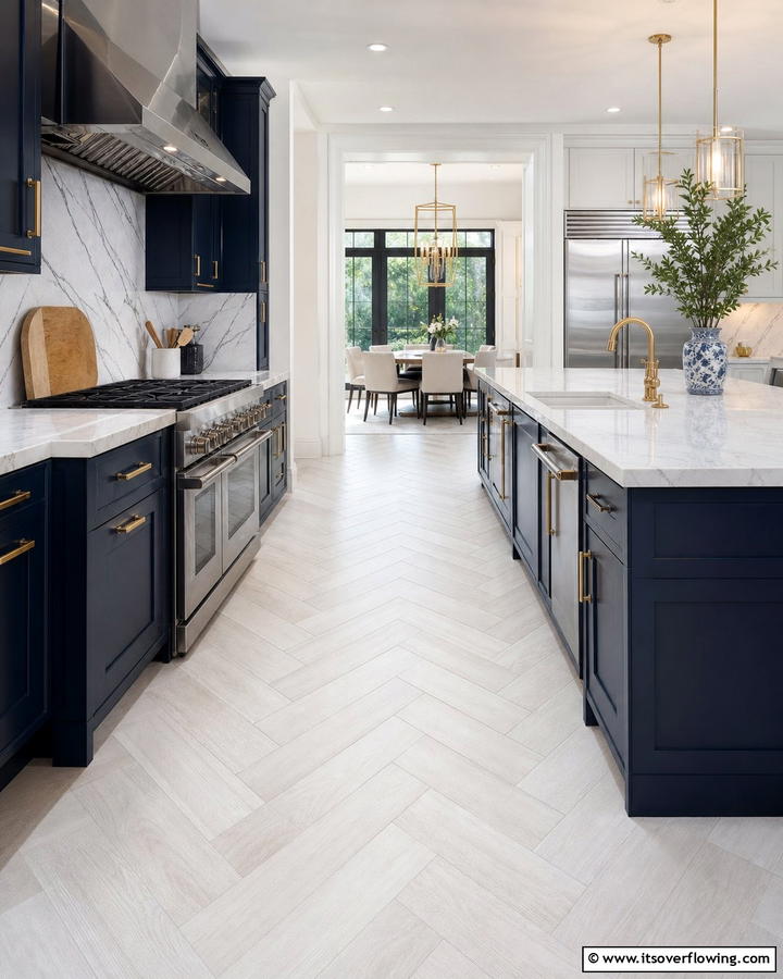 White Chevron Pattern Flooring - 25 White Kitchen Floor Ideas for a Bright Space