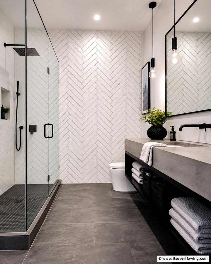 White Chevron Tile Patterns - 30 Elegant White Tile Bathroom Design Concepts