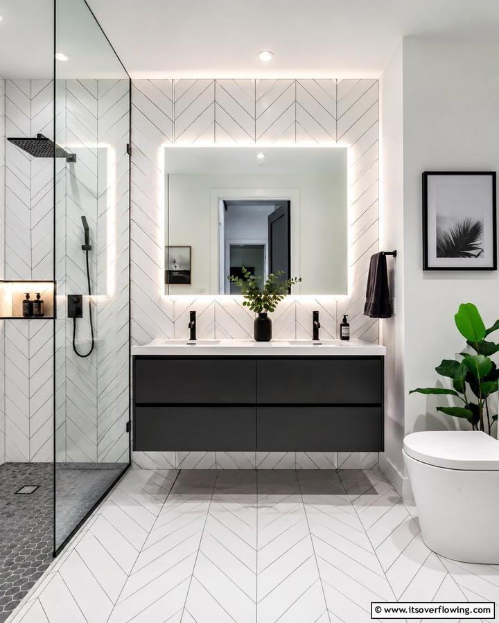 White Chevron Tiles for Dynamic Style - 30 Elegant White Tile Bathroom Design Concepts
