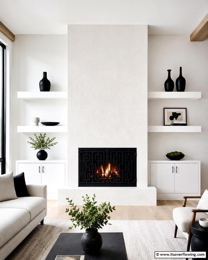 White Concrete Elegance - 25 Black and White Fireplace Ideas for Timeless Elegance
