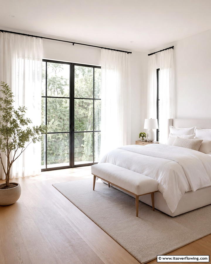 White Curtains with Black Hardware - 25 Black and White Bedroom Ideas for a Timeless Design