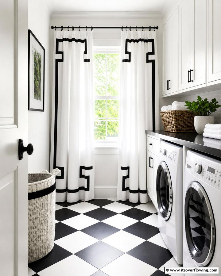 White Curtains with Black Patterns - 20 Black and White Laundry Room Ideas for Style