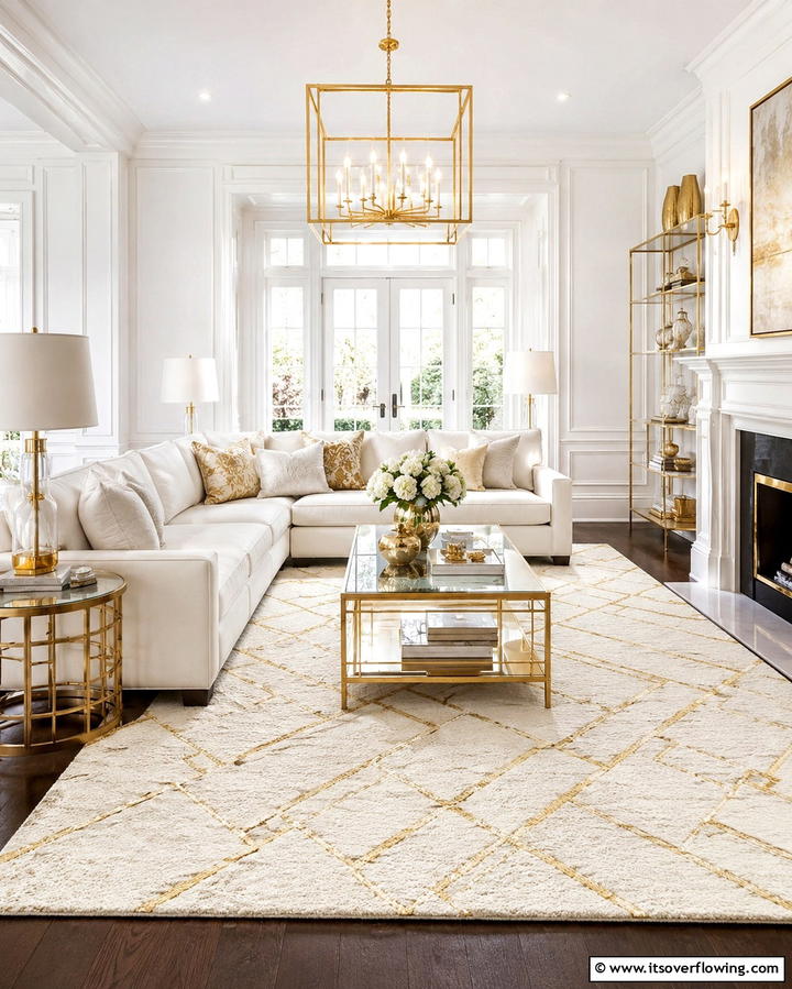 White Curtains with Gold Detailing - 25 White and Gold Living Room Ideas for Elegance