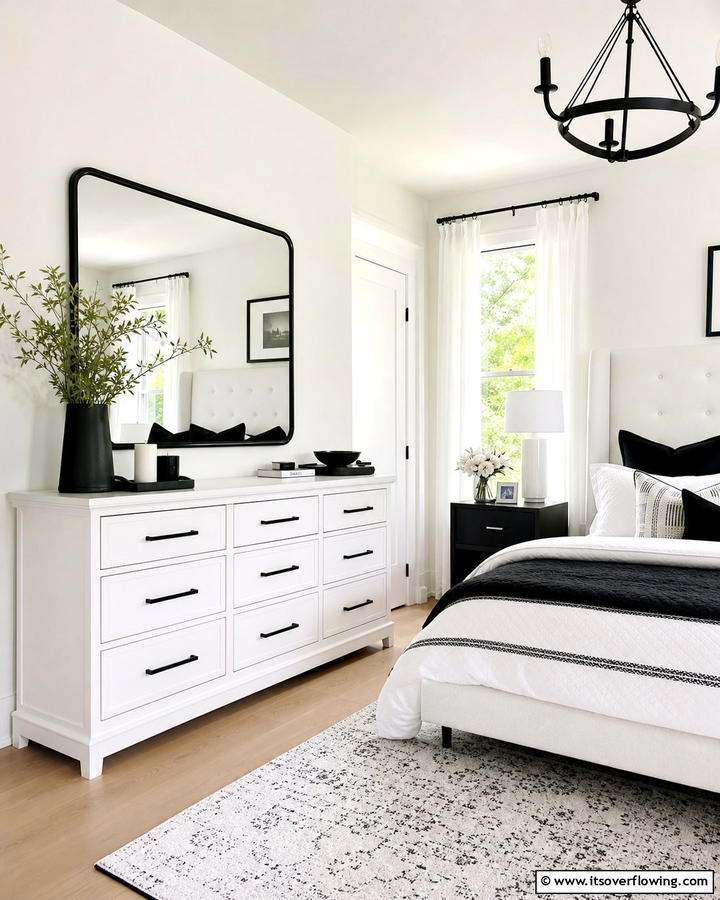 White Dresser with Black Hardware - 20 Feminine Black and White Bedroom Ideas for Elegance