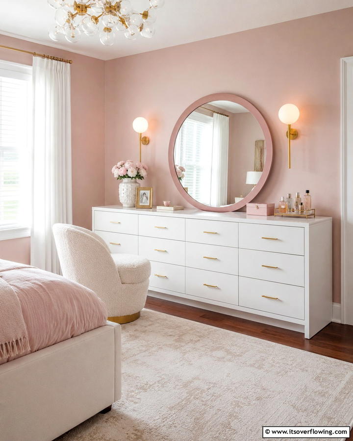 White Dresser with Pink Mirror - 25 Pink and White Bedroom Ideas for a Fresh and Airy Look