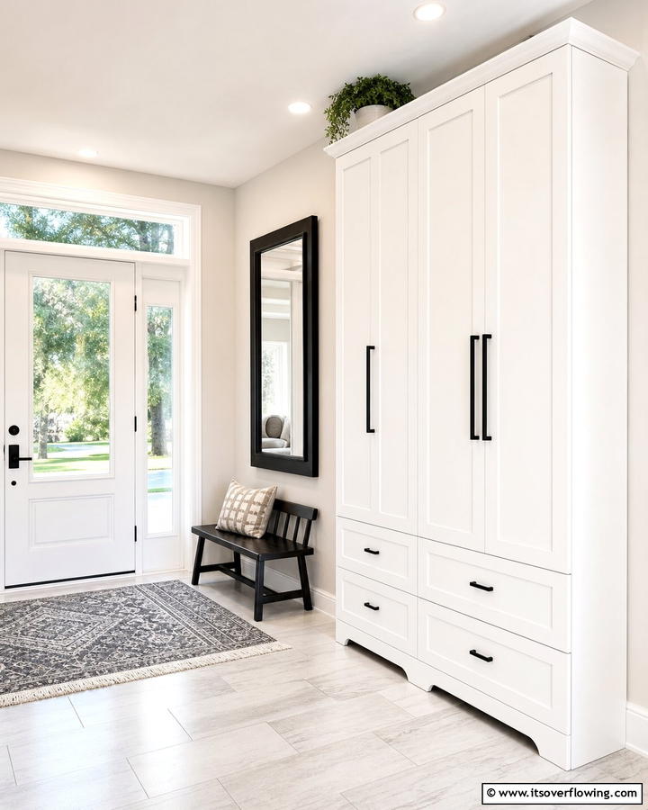White Entryway Cabinet with Black Hardware - 20 Black and White Entryway Design Ideas for a Chic Look
