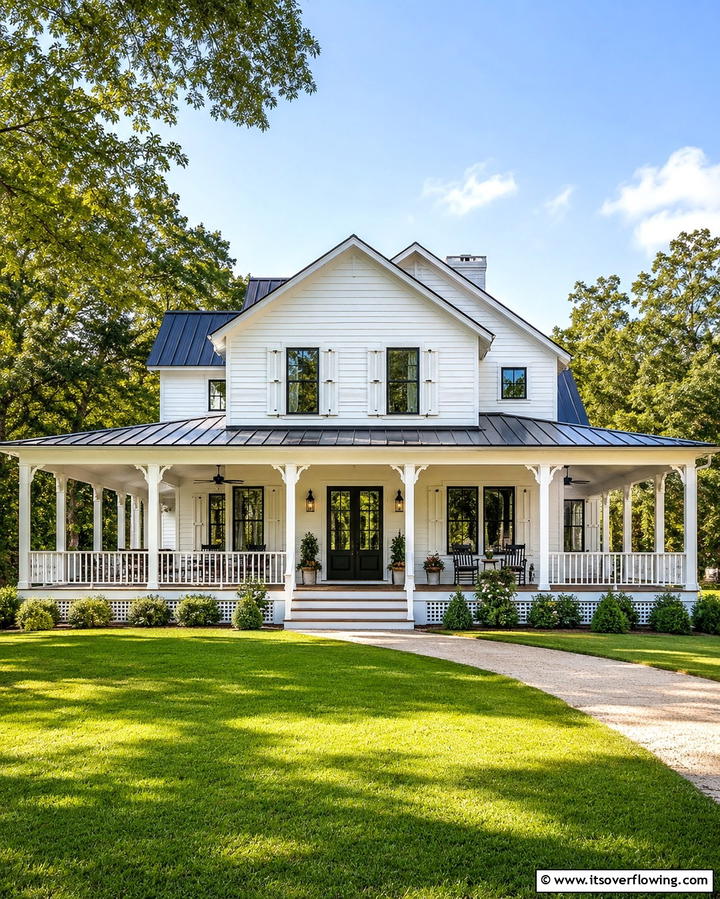 White Farmhouse Featuring Shiplap Siding - 20 White Farmhouse With Wrap-around Porch Ideas