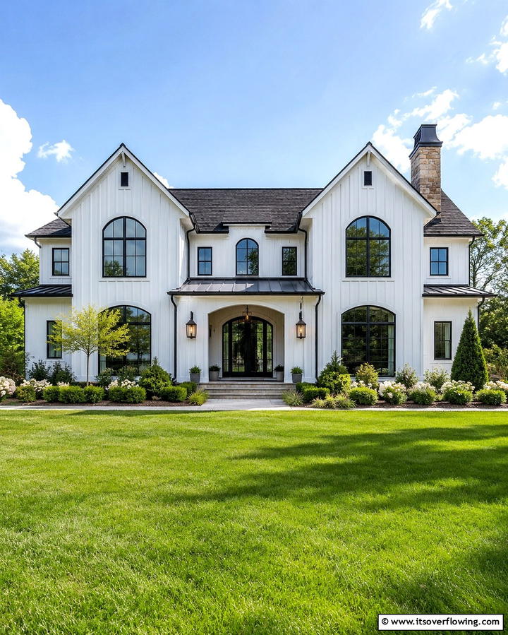 White Farmhouse with Black Arched Windows - 25 White Farmhouse with Black Windows Ideas