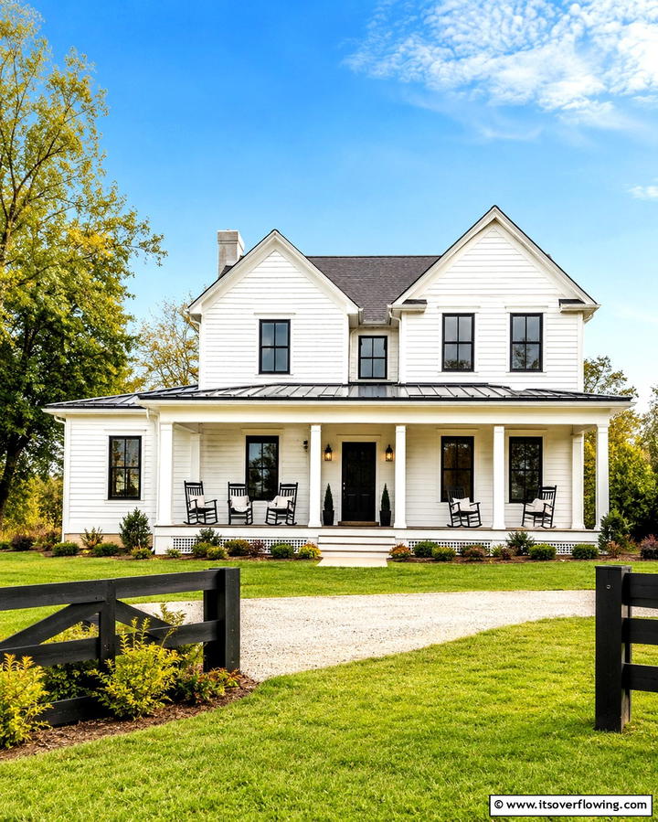 White Farmhouse with Black Double Hung Windows - 25 White Farmhouse with Black Windows Ideas