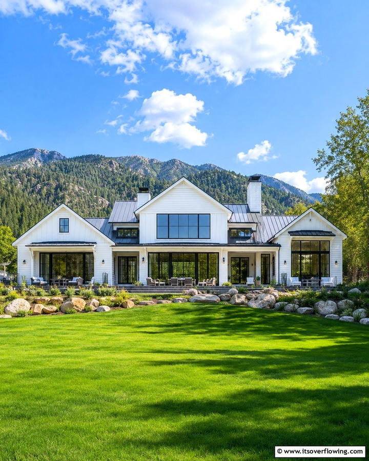 White Farmhouse with Black Picture WindowsOne - 25 White Farmhouse with Black Windows Ideas