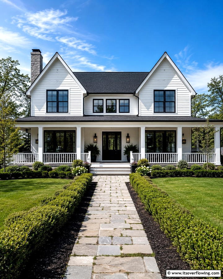 White Farmhouse with Black Window Frames - 20 White Farmhouse With Wrap-around Porch Ideas