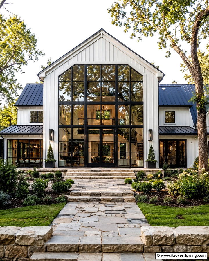 White Farmhouse with Floor to Ceiling Black Windows - 25 White Farmhouse with Black Windows Ideas