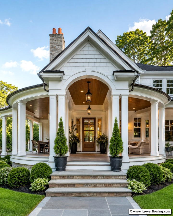 White Farmhouse with Wrap around Porch and Arched Entryway - 20 White Farmhouse With Wrap-around Porch Ideas