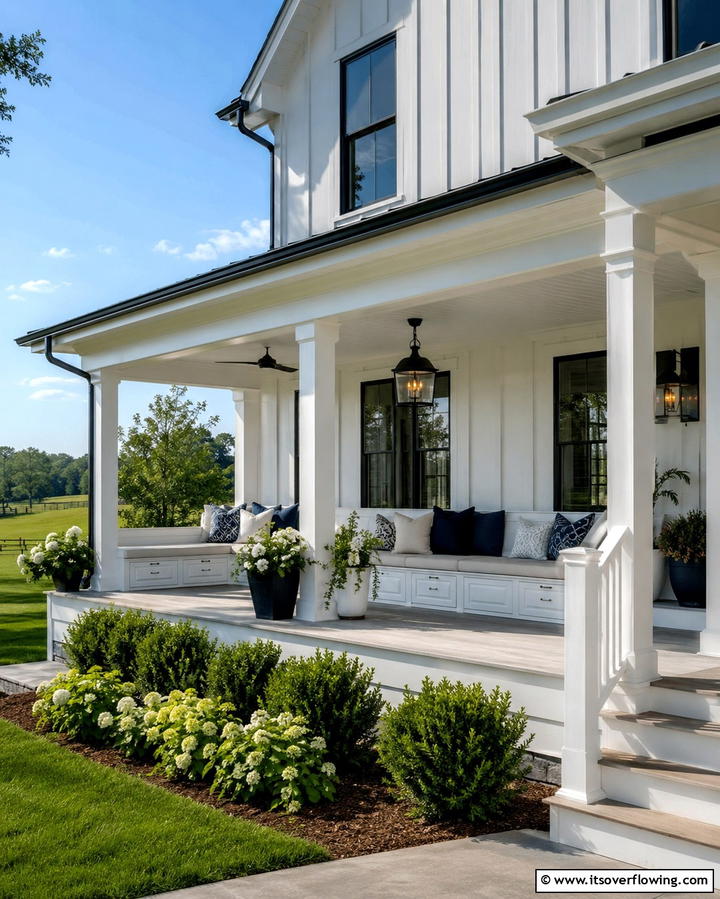 White Farmhouse with Wrap around Porch and Built in Benches - 20 White Farmhouse With Wrap-around Porch Ideas