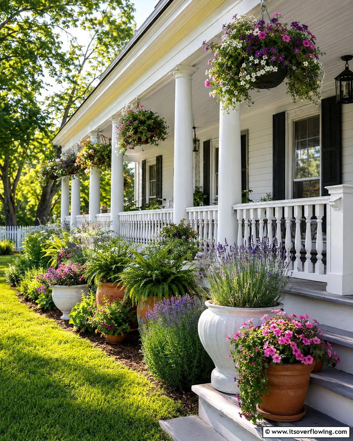 White Farmhouse with Wrap around Porch and Potted Plants - 20 White Farmhouse With Wrap-around Porch Ideas