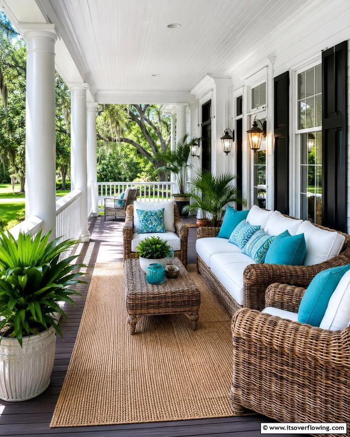 White Farmhouse with Wrap around Porch and Wicker Furniture - 20 White Farmhouse With Wrap-around Porch Ideas