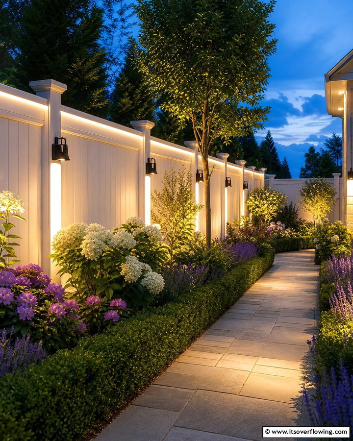 White Fence with Built In Lighting - 20 White Privacy Fence Ideas for a Classic Look