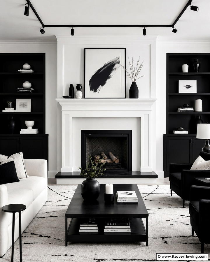 White Fireplace with Black Accents - 25 White Fireplace Ideas to Warm Up Your Living Room