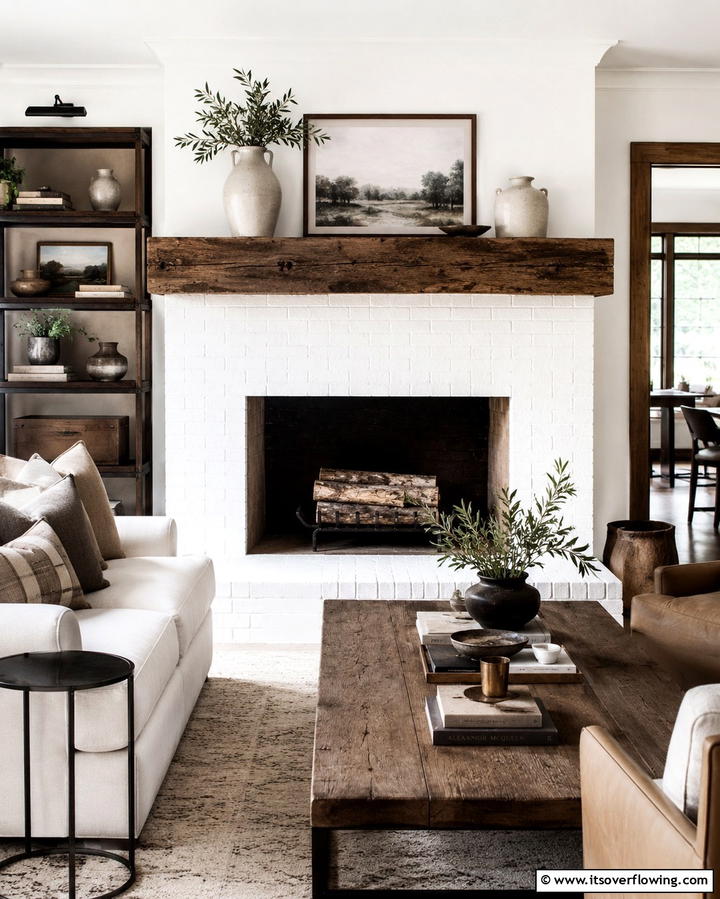 White Fireplace with Reclaimed Wood Mantel - 25 White Fireplace Ideas to Warm Up Your Living Room
