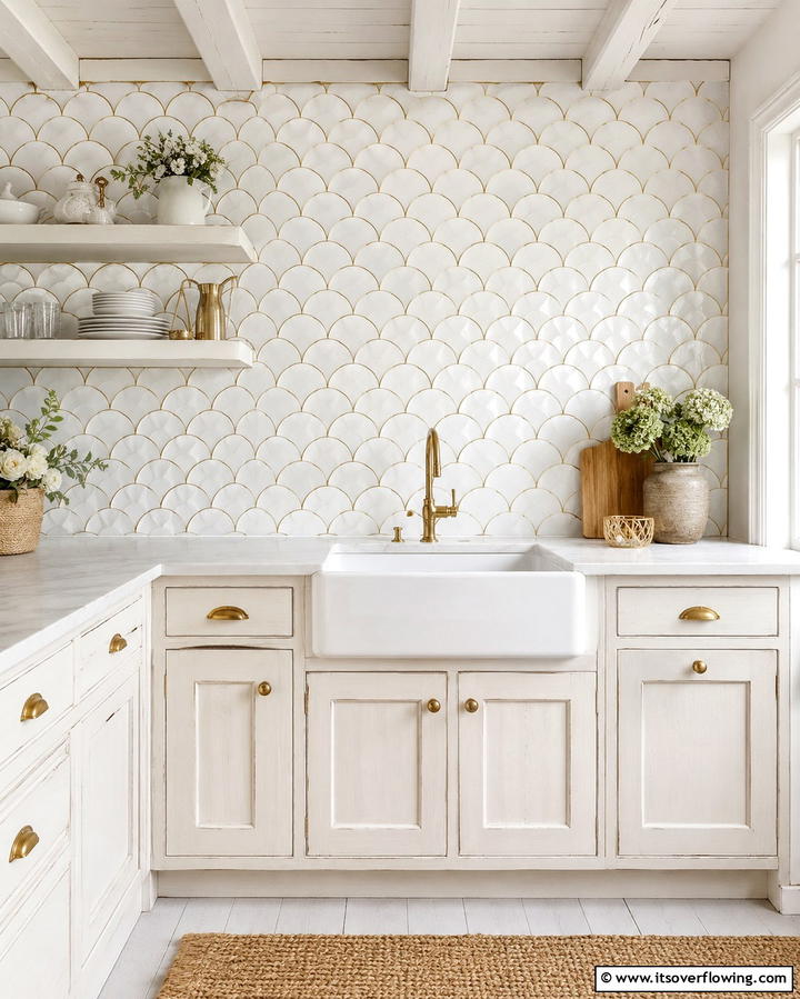 White Fish Scale Tiles with Gold Edging - 25 White and Gold Kitchen Backsplash Ideas for Elegance