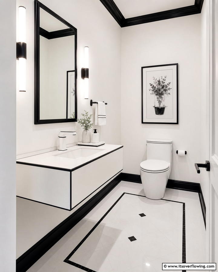 White Fixtures with Black Trim - 20 Black and White Powder Room Ideas for a Classic Style