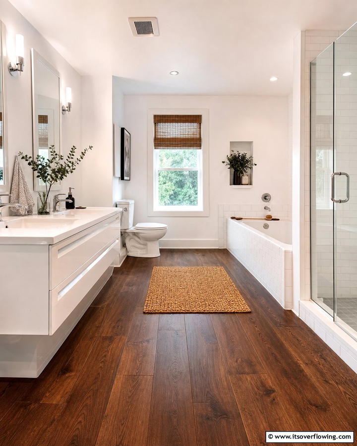 White Fixtures with Brown Flooring - 20 Timeless Brown and White Bathroom Ideas for a Clean Look