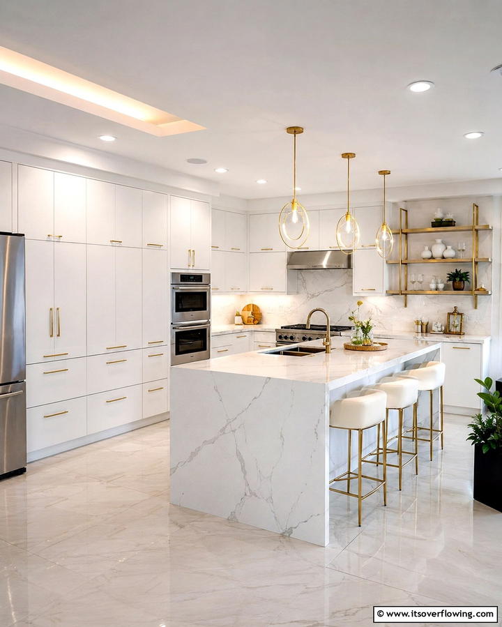 White Flat Front Cabinets with Gold Minimalist Pulls - 20 White Kitchen Cabinets With Gold Hardware Ideas