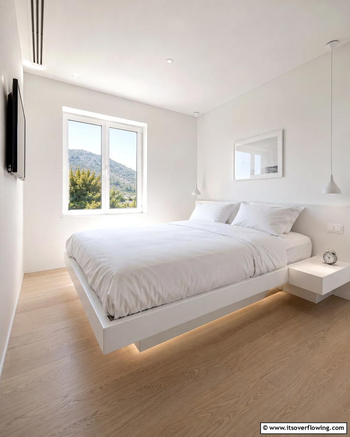 White Floating Bed Frame for Minimalist Appeal - 20 Bright Small White Bedroom Design Ideas