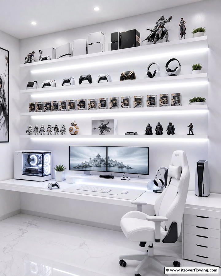 White Floating Shelves - 25 All White Gaming Setup Ideas for a Sleek Look