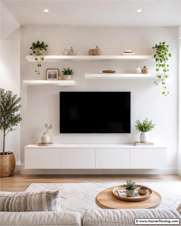 White Floating Shelves - 25 White Living Room Ideas for a Timeless Look
