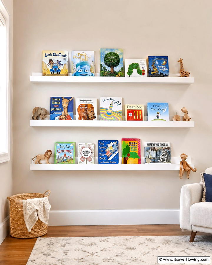White Floating Shelves - 25 White Nursery Ideas for a Calming Baby Room