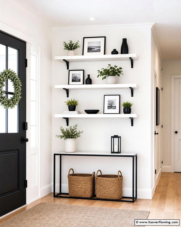 White Floating Shelves with Black Brackets - 20 Black and White Entryway Design Ideas for a Chic Look