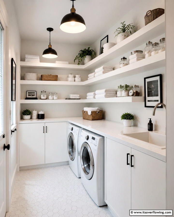 White Floating Shelves - 20 White Laundry Room Ideas for a Clean and Bright Space