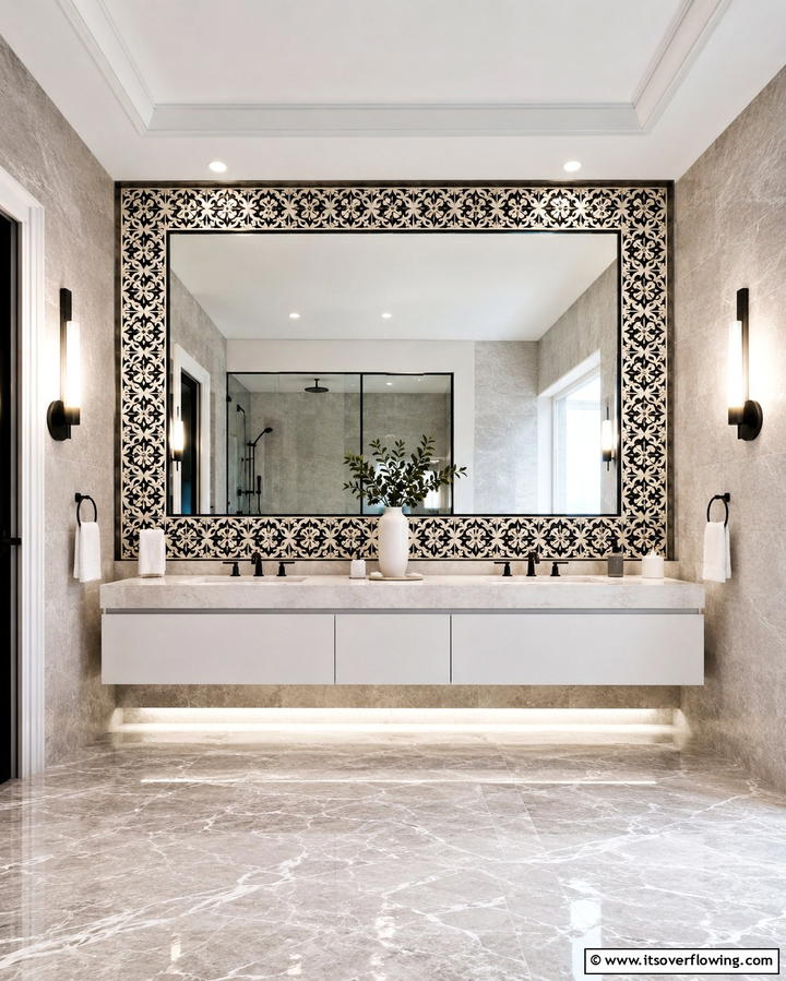 White Floor with Black Accents - 30 Striking Black & White Bathroom Tile Designs for Timeless Style