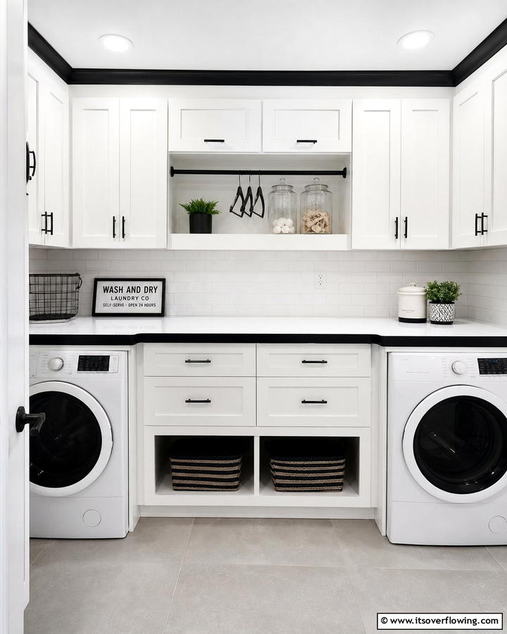White Folding Station with Black Edges - 20 Black and White Laundry Room Ideas for Style