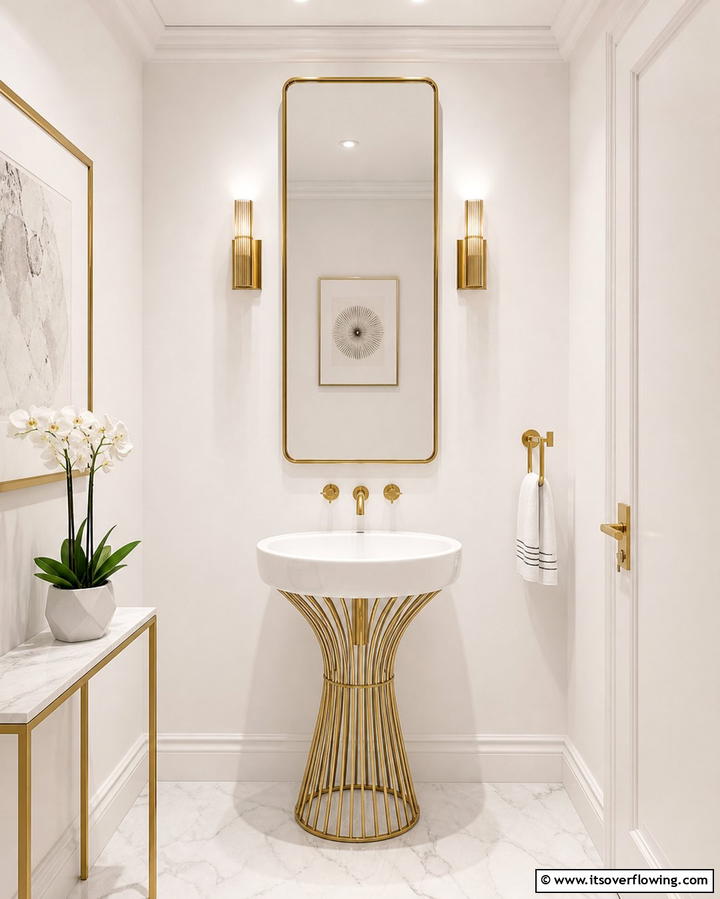 White Freestanding Sink with Gold Base - 25 White and Gold Bathroom Ideas for a Luxurious Look