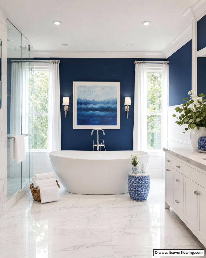 White Freestanding Tub with Blue Accents - 25 Blue and White Bathroom Ideas for a Fresh Look