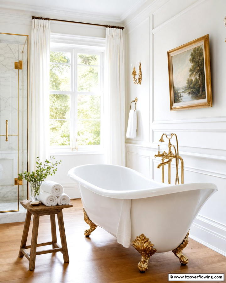 White Freestanding Tub with Gold Feet - 25 White and Gold Bathroom Ideas for a Luxurious Look