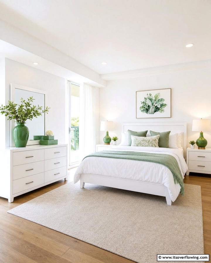 White Furniture with Green Accessories - 25 Green and White Bedroom Ideas for Serenity