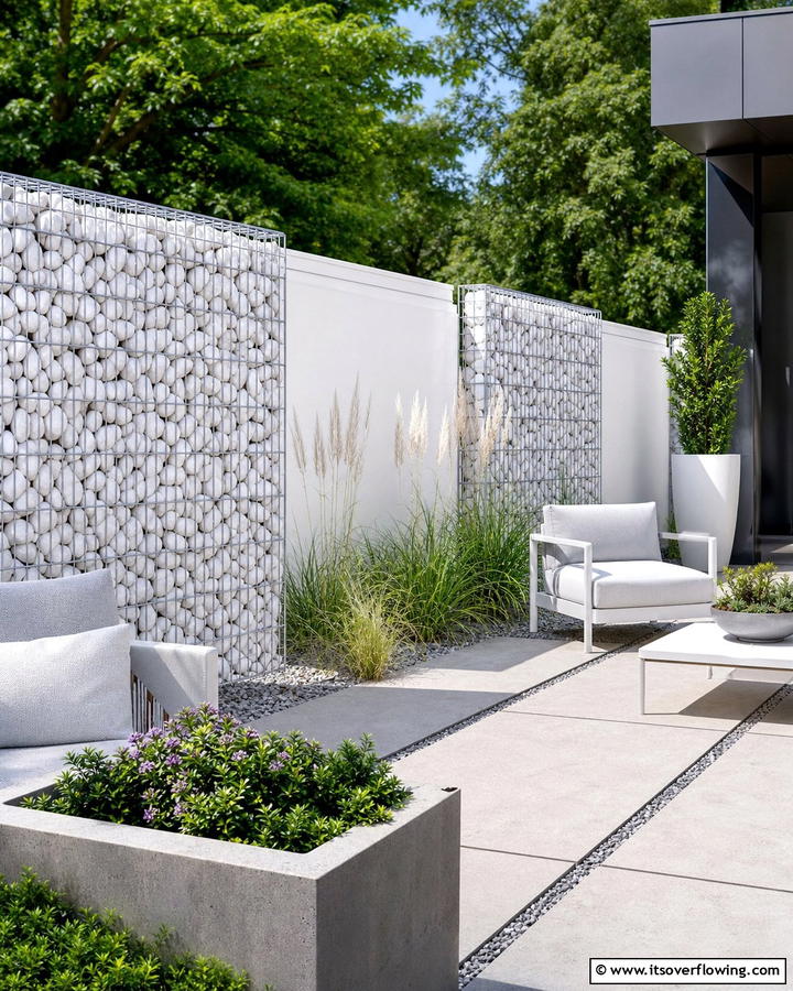 White Gabion Privacy Fence - 20 White Privacy Fence Ideas for a Classic Look