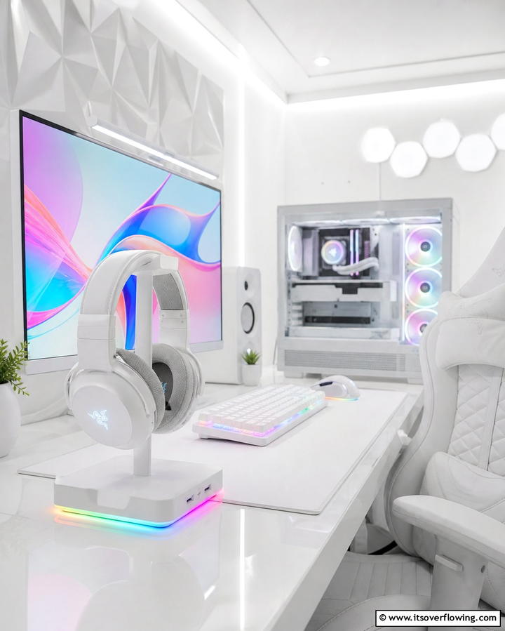 White Gaming Headphone Stand - 25 All White Gaming Setup Ideas for a Sleek Look