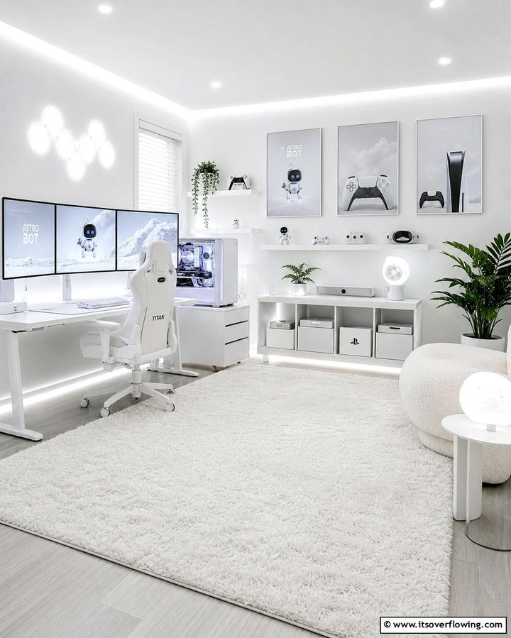 White Gaming Rug - 25 All White Gaming Setup Ideas for a Sleek Look