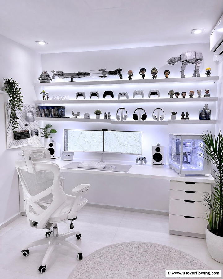 White Gaming Shelf - 25 All White Gaming Setup Ideas for a Sleek Look