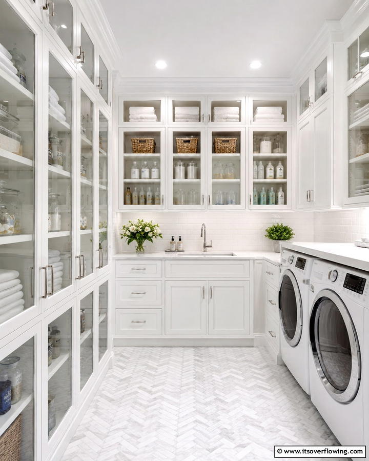 White Glass Front Cabinets - 20 White Laundry Room Ideas for a Clean and Bright Space