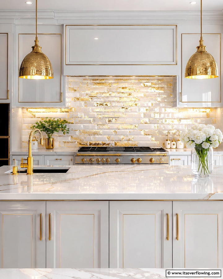White Glass Tiles with Gold Leaf Detailing - 25 White and Gold Kitchen Backsplash Ideas for Elegance