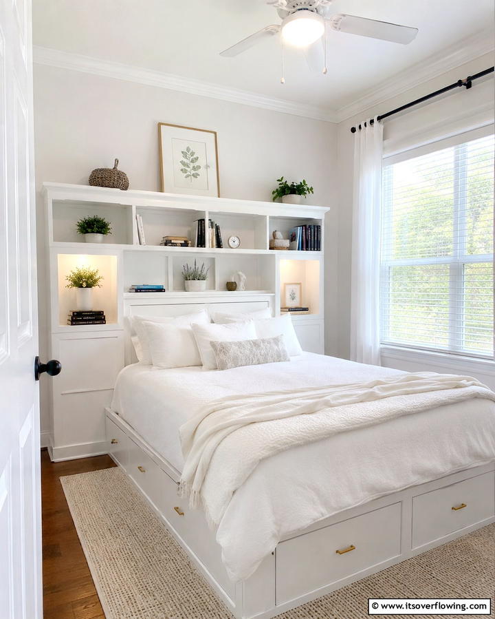 White Headboard with Built In Storage - 20 Bright Small White Bedroom Design Ideas