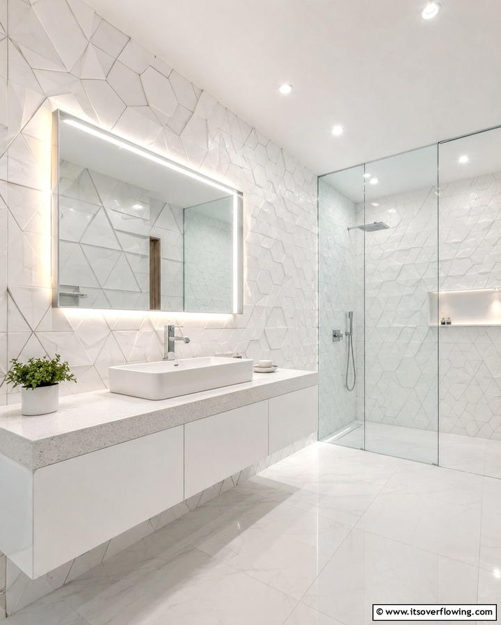 White Herringbone Pattern for Sophistication - 30 Elegant White Tile Bathroom Design Concepts