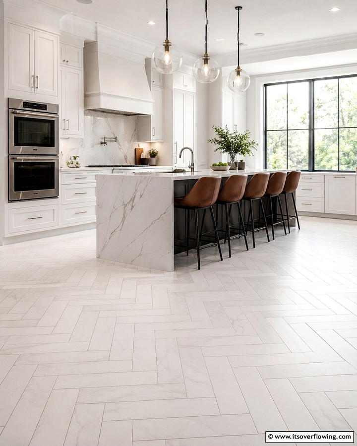 White Herringbone Tile Flooring - 25 White Kitchen Floor Ideas for a Bright Space