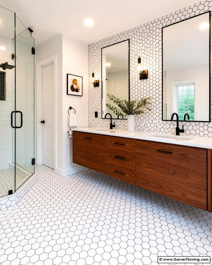 White Hexagon Tiles with Black Grout - 30 Striking Black & White Bathroom Tile Designs for Timeless Style