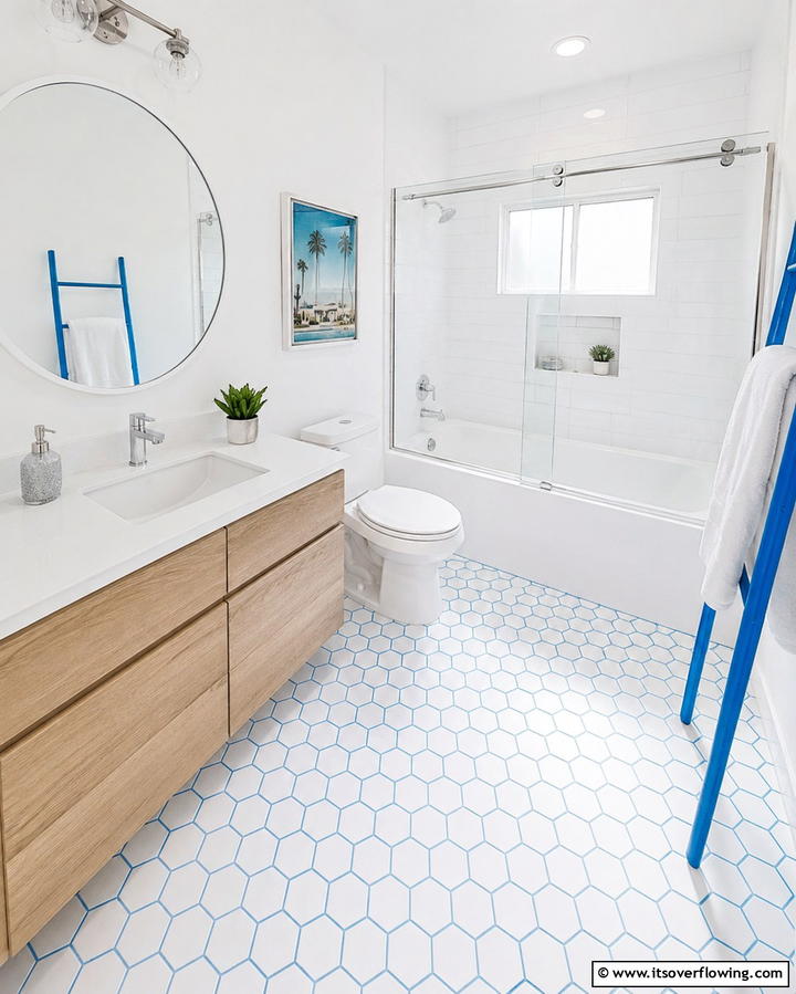 White Hexagon Tiles with Colorful Grout - 30 Bathrooms with Hexagon Tile Floor Design Ideas